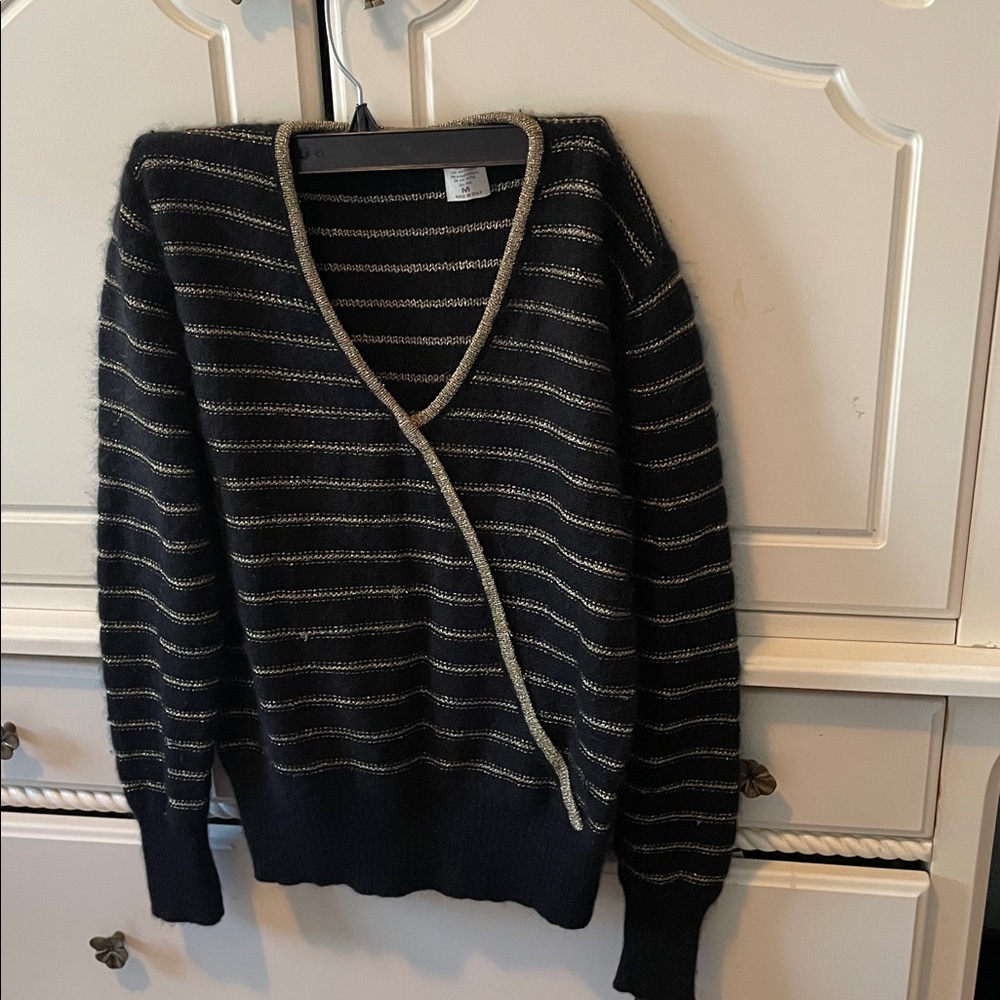 Vintage Striped V-Neck Sweater - Black and gold. Made in Italy